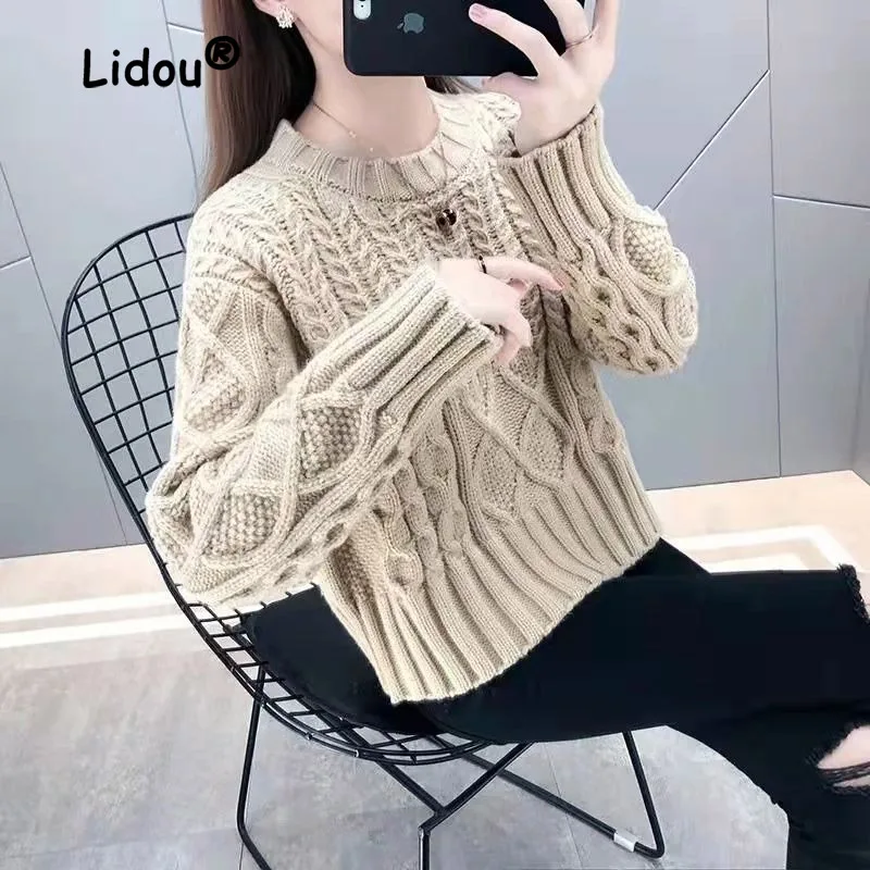

New Solid Fried Dough Twist Knitting Bottoming Shirt Women Classic Long Sleeve Loose O-collar Autumn Winter Pullover Sweaters