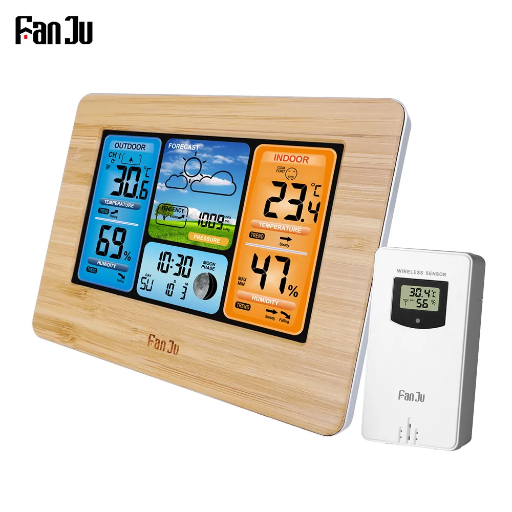 

Цифровая метеостанция FanJu FJ3373 с ЖК-дисплеем, будильником, барометром, термометром, гигрометром и беспроводным датчиком