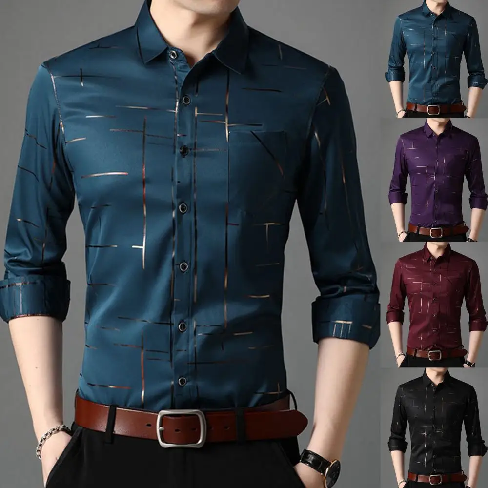 

Turn Down Collar Top Long Sleeve Single-breasted Shirt Men Stripes Business Top