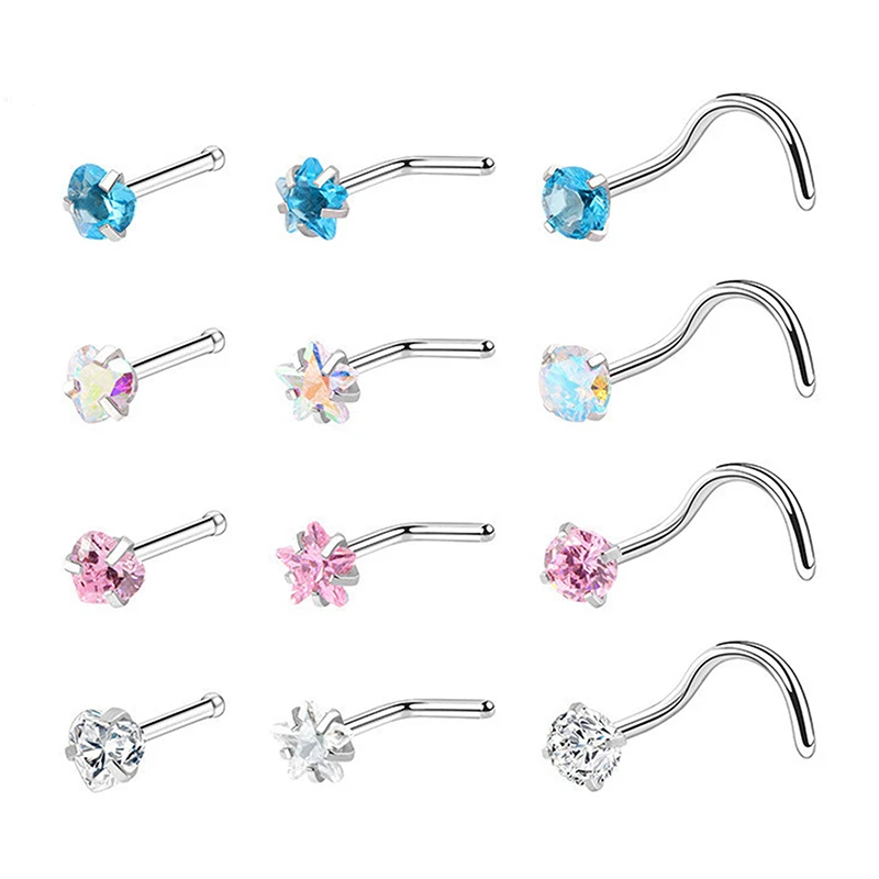 

3Pcs Fashion Stainless Steel Zircon Nose Studs Star Shape Round Shape Heart Shape Nose Studs Set Body Piercing Jewelry For Women