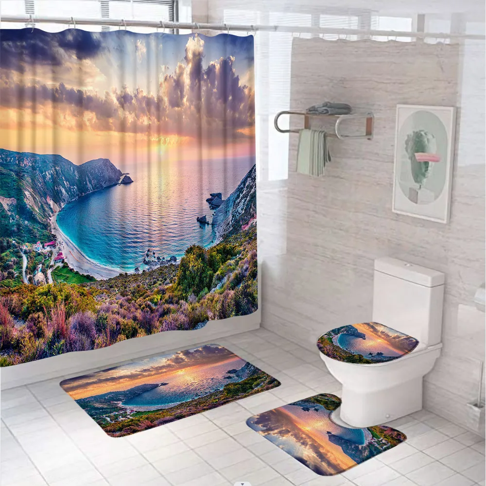 

Sea Island Shower Curtain Set NonSlip Bath Mat Rug Carpet Toilet Cover Natural Landscape Ocean Gulf Coast Bathroom Curtains Home