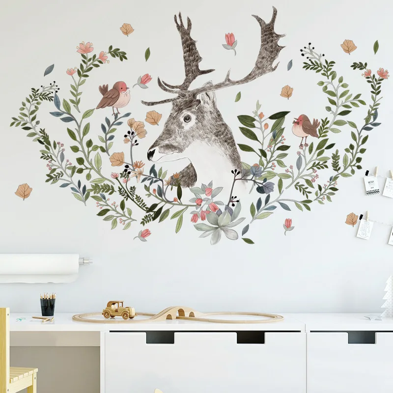 

Leaves Elk Wall Stickers Nordic Style Artistic Wallpapers for Lving Room Decoration Removable Self-Adhesive Vinyl Mural Decals