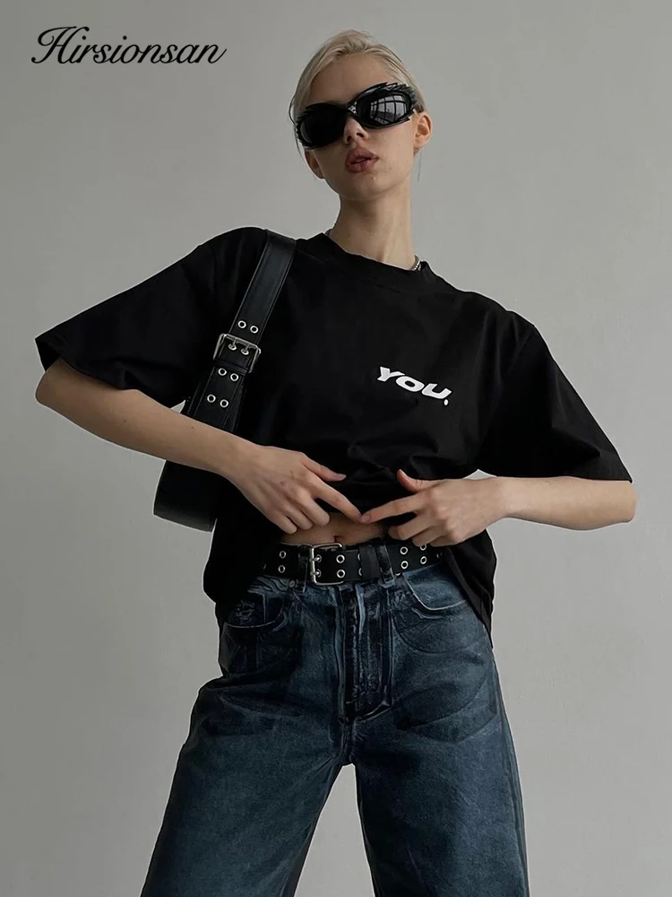 

Футболка Hirsionsan Женская хлопковая оверсайз, свободная повседневная универсальная базовая рубашка с коротким рукавом и надписью, на лето