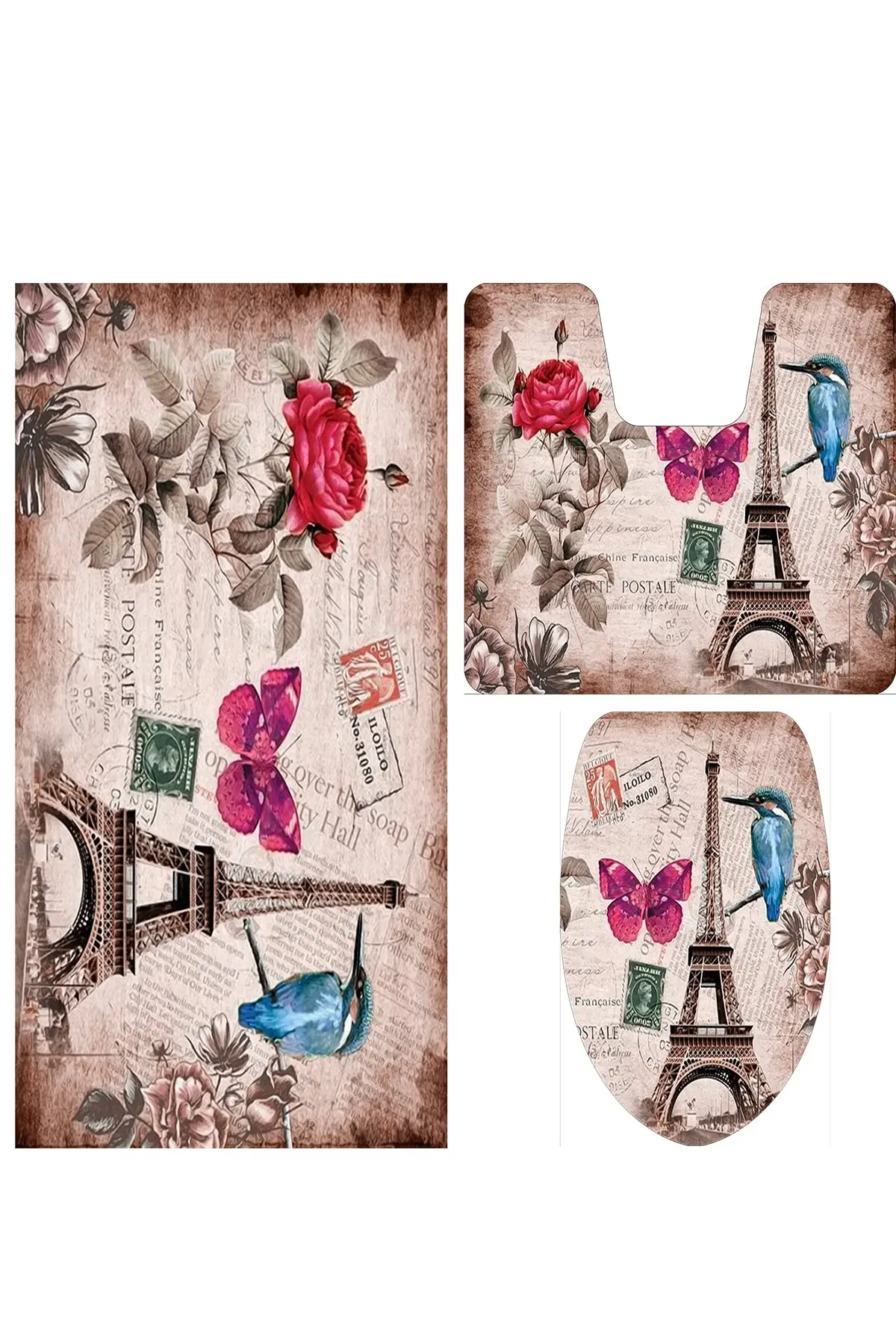

Slip-resistant Washable Stain-resistant Leather Sole 3 PCs Toilet Seat Pad 3'lü Polyester 60x100 Multicolour Digital Print Bathroom
