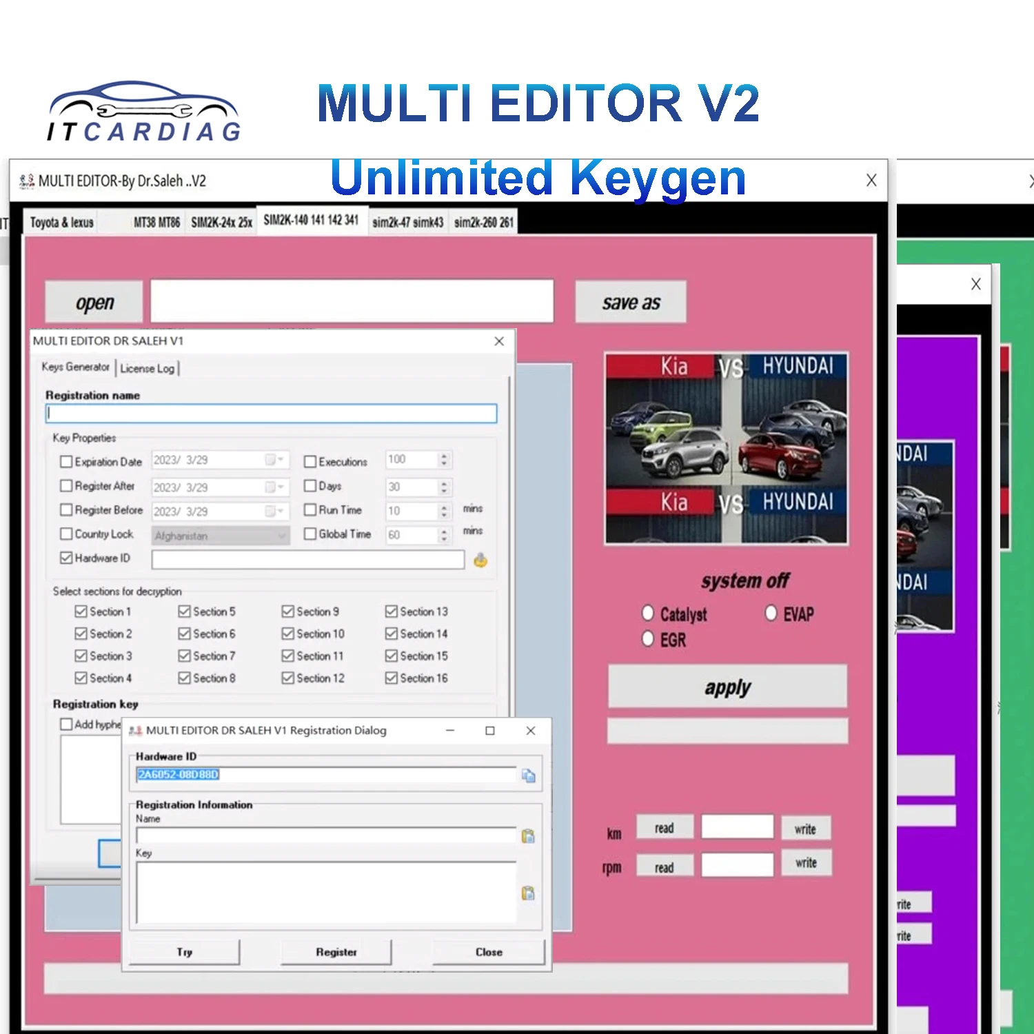 

2023 MULTI EDITOR V2 With Free Keygen DPF EGR DTC REMOVER for KIA HYUNDAI DTC OFF EDITOR for TOYOTA DTC and EDIT for SIM2K14X