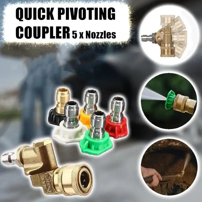 

4500PSI Connecting Pivoting Coupler 5 Spray Nozzle Tips Adjustable 1/4 Pressure Wash Nozzle Kit Power Washer Cleaning Tools