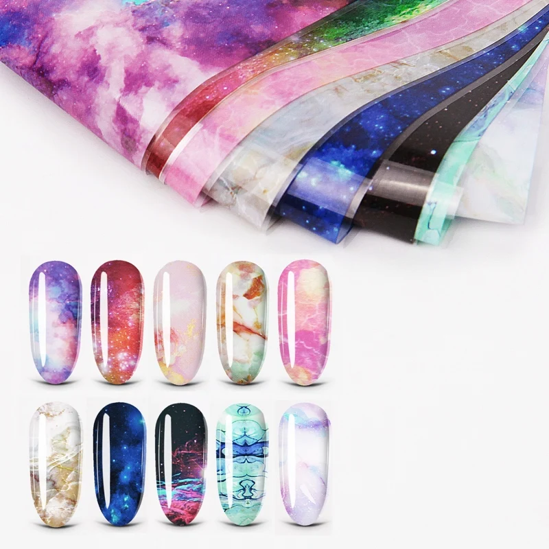 

10PCS Holographic Nail Foil Sticker Starry Sky Adhesive Wraps Transfer Paper Marble Shining Nail Art Decal Gel Slider Manicure