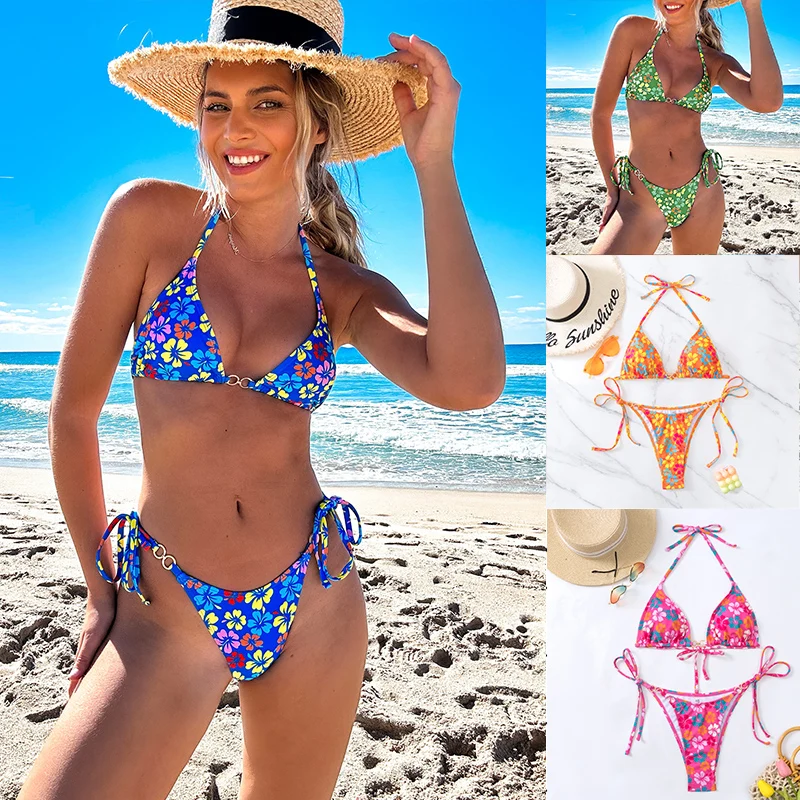 Женский комплект бикини с цветочным принтом женское пляжное и завязками