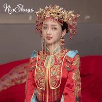 niushuya classic vintage chinese red pearl hair crown bride women headdress wedding stage show hair accessories