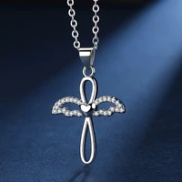exquisite angel cross pendant necklace white cz zircon angel wings crystal necklace for womens wedding anniversary jewelry gift