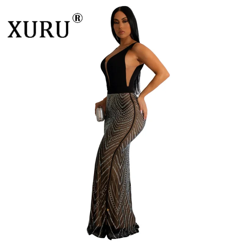 

XURU Sexy Hot Drill Dress, Suspender Backless Nightclub Party Dress, Splicing Polyester Mesh Black, Party Dress