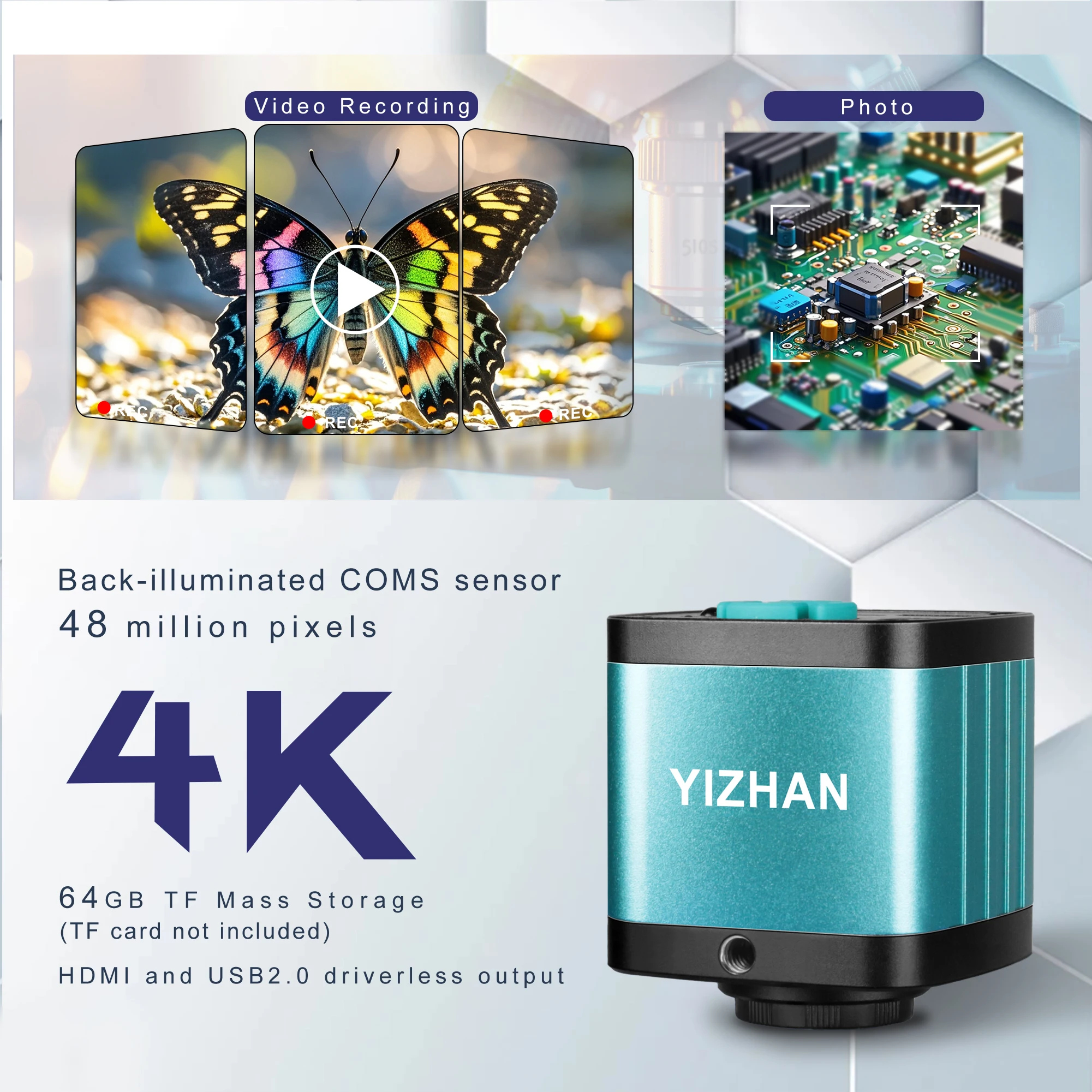 Фото Микроскоп-камера YIZHAN 4K для пайки электроники и стоматологических операций с HDMI и USB, доступны варианты с увеличением 130x, 150x, 180x, 215x. №4