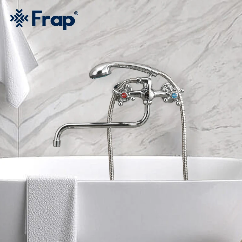 

Frap Classic Bathtub Faucet Long Nozzle Bathtub Faucets Wall Mounted Bathroom Faucets Dual Handle Shower System Cold Hot Mixer