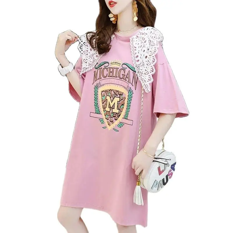 

Fashion Vestidos Lace Stitching Doll Collar Mid-Length Loose Korean Summer Dresses Woman 2022 New Short-Sleeved T-Shirt Dress