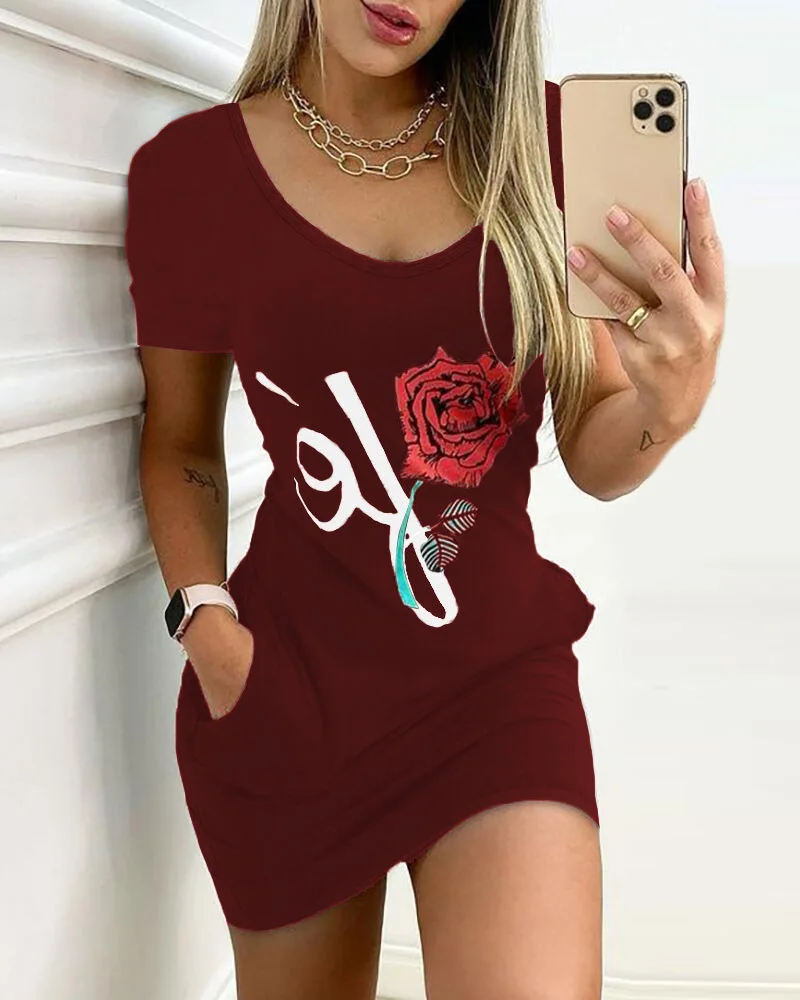 

European and American women's sexy slim solid color printed short-sleeved dress