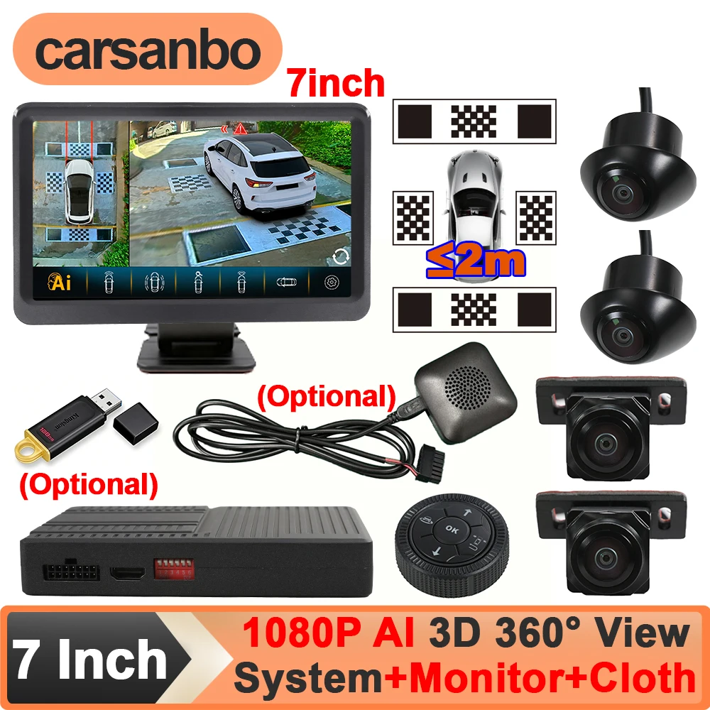 Фото Система кругового обзора Carsanbo AI 3D 360° с 4 AHD 1080P камерами, 7-дюймовым ультратонким HD-дисплеем, калибровочной тканью и зуммером №1