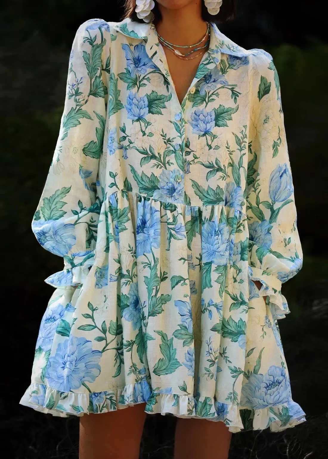 Women Linen Blue Flower Printed Turn-down Collar Front Buttons Long Sleeve Shirt Style Mini Dress