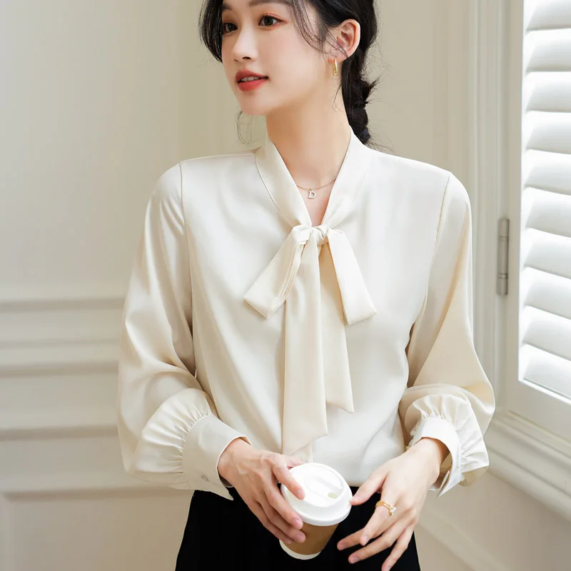 

Autumn Women's Long Sleeved V-neck Vintage Lantern Sleeve Solid Lace Up Commuter Chiffon Shirt Blouse Women Tops Camisas A291