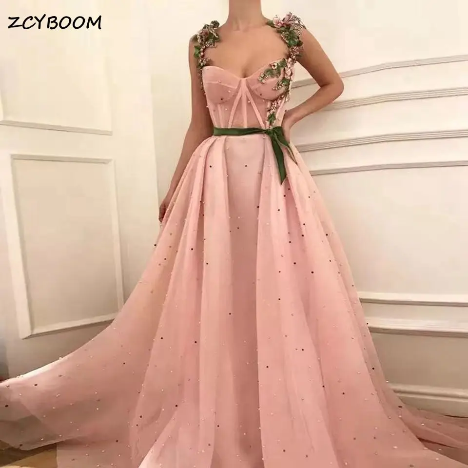 

Elegant Pink A-Line Spaghetti Straps Prom Gowns 2023 Tulle Floral Appliques Beading Sleeveless Evening Dresses Robes De Soirée