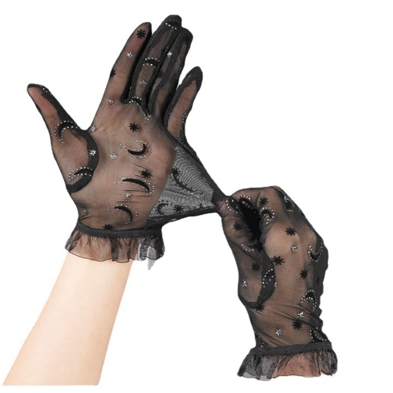

1 Pair Summer Women Thin Short Lace Gloves Black Sexy Stretchy Full Finger Dance Mittens Sunscreen UV Driving Gloves