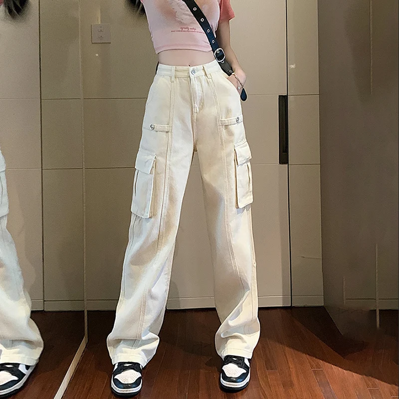 

Джинсы-карго женские с карманами, винтажные длинные джинсы с широкими штанинами, прямые штаны в уличном стиле, белые розовые, 2023