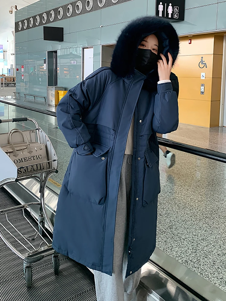 AOSSVIAO Winter Women Long Jacket Large Natural Fur Collar Hooded Parkas 91% White Duck Down Coat Thickness Snow Warm Outwear