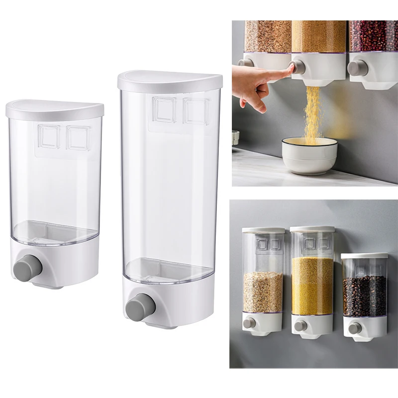 

1/1.5L Wall Mounted Press Cereals Dispenser Transparent Grain Storage Box for Rice Bean Sealed Tank Jars Kitchen Food Container