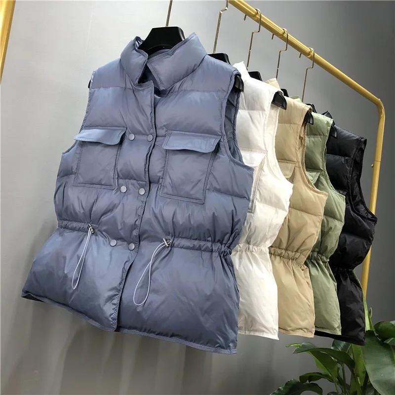 

Korean Style Thick Puffy Duck Down Jacket Girls Winter Sleeveless Vest Women Slim Fit Drawstring Blue Down Coat Female Plus Size