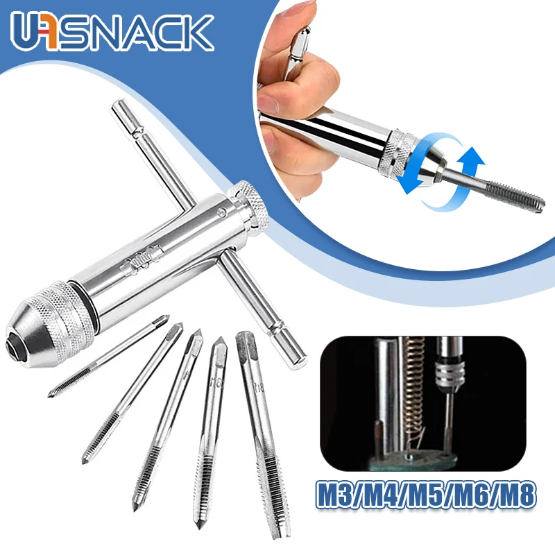 

Adjustable Silver T-Handle Ratchet Tap Holder Wrench Tools with 5pcs M3-M8 3mm-8mm Machine Screw Thread Metric Plug T-shaped Tap