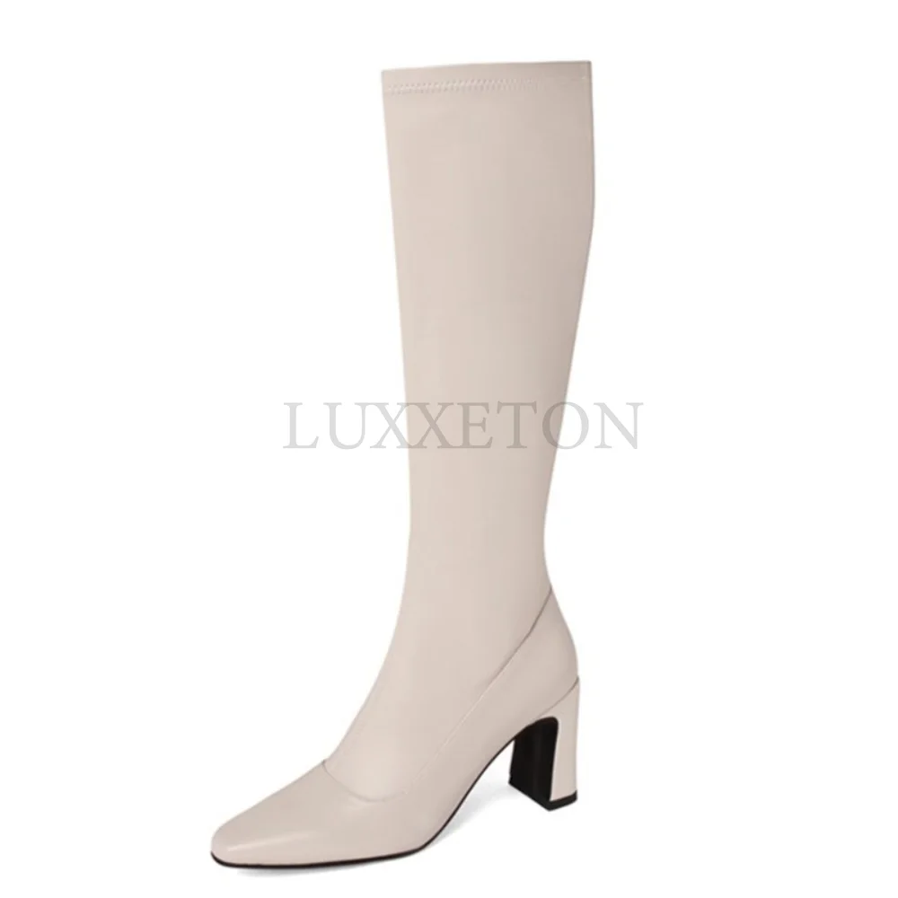 

Женские сапоги выше колена, мягкая кожа, высокий тонкий каблук, заостренный носок, молния, пикантные высокие сапоги