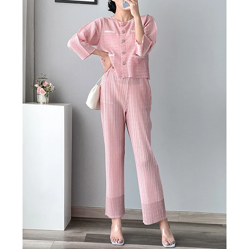 Pleated Miyake Fashion Casual Spring/autumn Women Suit Temperament Elegant Classic Top Wide-leg Pants Two-piece Set
