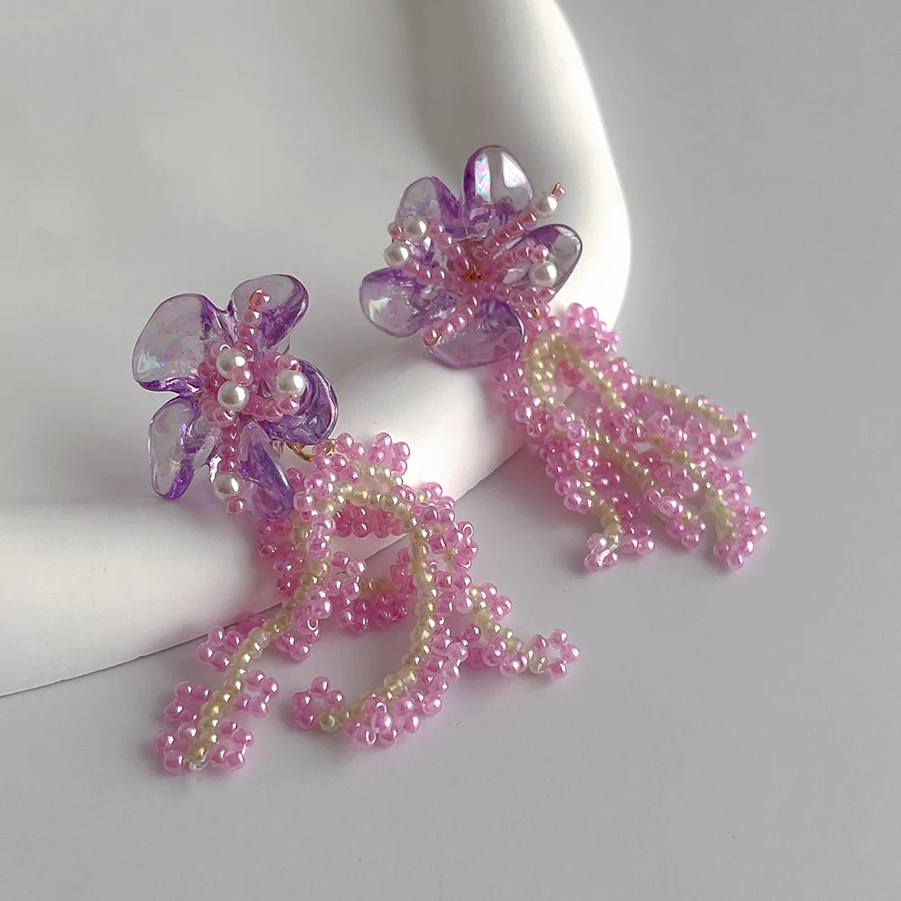 

Korean Design Beaded Glass Flower Tassel Earrings Hand-made Woven Pearl Earings