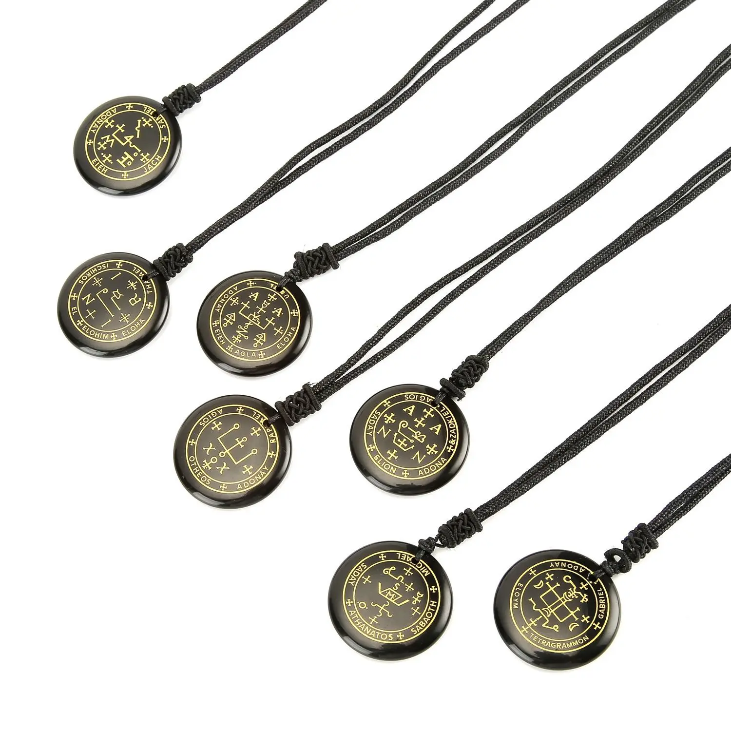 

Natural Obsidian Seven Angels Necklace Healing Reiki Stone Round Pendant Engraved Archangel Spiritual Powers Black Amulet Charms
