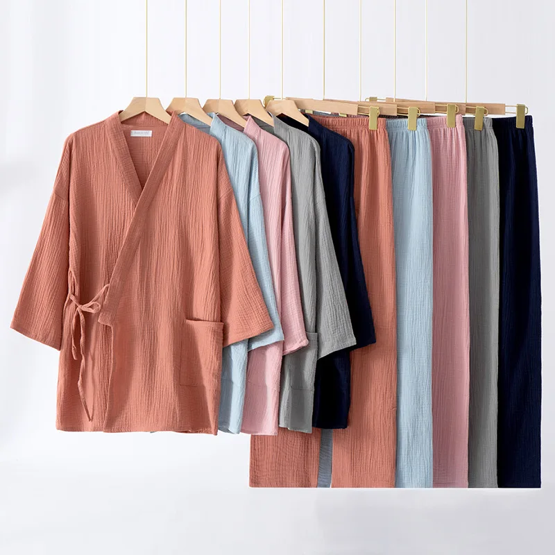 

Japanese Kimono Suit Couples 100% Cotton Crepe Pajamas Long Sleeved Trousers 2 Piece Suit for Men and Women Sleepwear Female