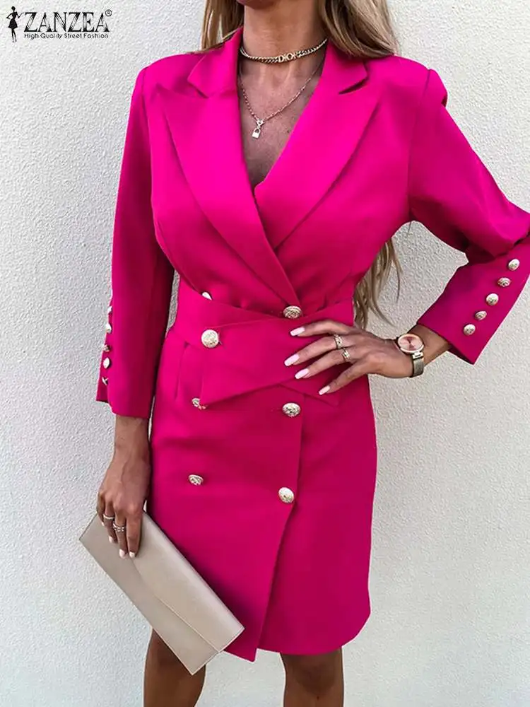 Купи ZANZEA Casual Work Wear Mini Dress Elegant Fashion Women Office Lady Suit Vestidos 2022 Autumn 3/4 Sleeve Belted Blazer Dress за 1,109 рублей в магазине AliExpress