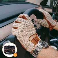men driving gloves motorcycle locomotive half finger sheepskin gloves knitted leather male car gloves guantes de trabajo