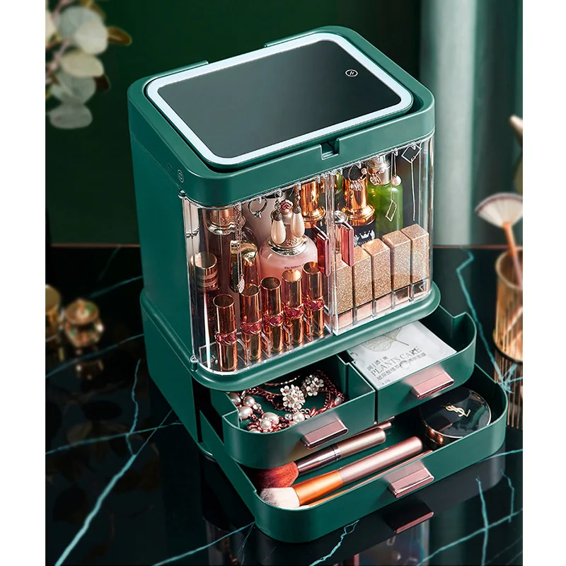 

New Led Light Cosmetic Storage Box With Mirror Desktop Makeup Organizer Case Dust-Proof Drawer Type Organizer For Cosmetics