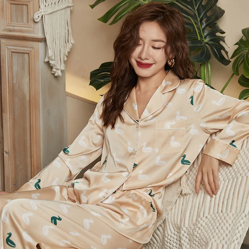 100% Silk Pajamas Women's Summer Ice Silk Long Sleeve Pants Two Pieces Ladies Simple Casual Loose Homewear Luxury Sexy Pjs