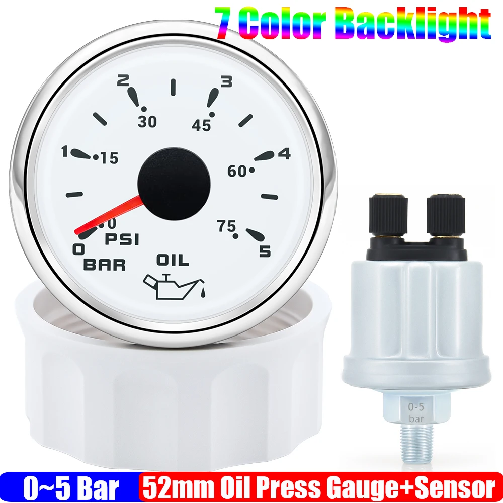 

Изготовленный на заказ автомобильный манометр масла 52 мм + датчик, 7 цветов подсветки, 0 ~ 5 бар, 0-10 бар, измеритель масла с датчиком, морская лодка, 12 В, 24 В