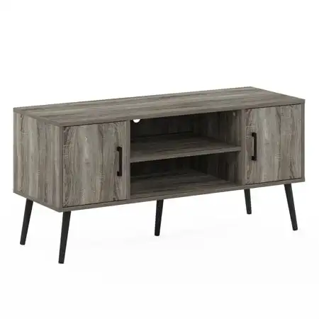 

Mid Century Style TV Stand with Wood Legs, Two Cabinets, French Oak Grey
