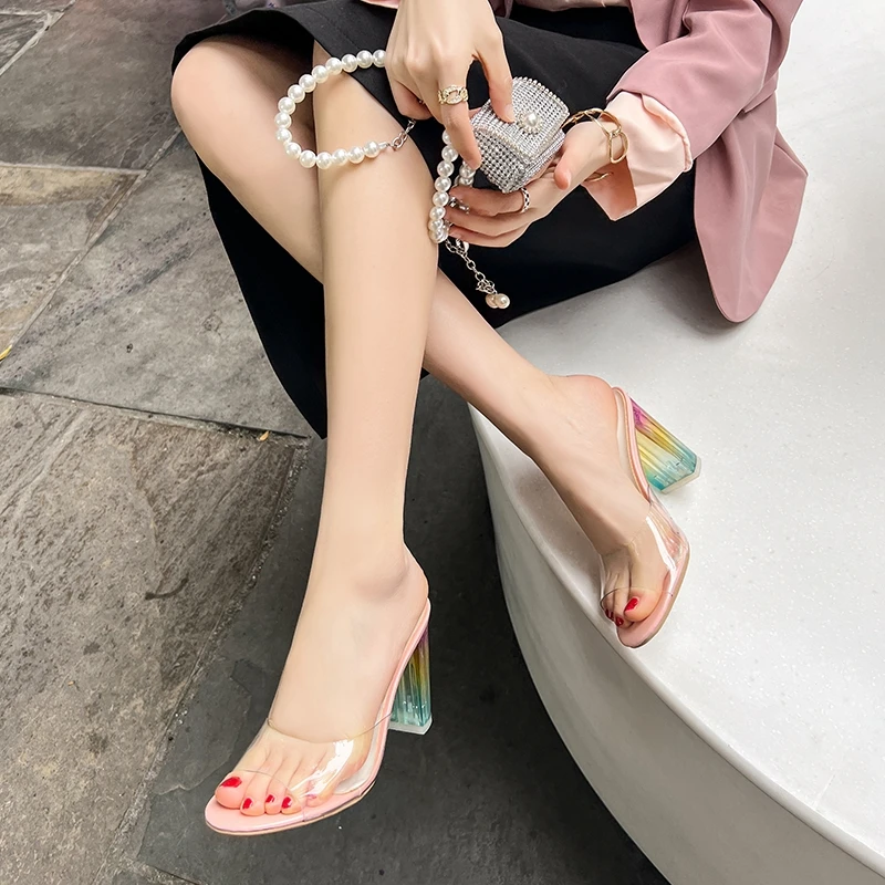 

BLXQPYT сандалии для женщин 2022 на высоком каблуке цветные Кристальные с открытым носком Элегантные летние шлепанцы сланцы большой размер 32-48 Z1