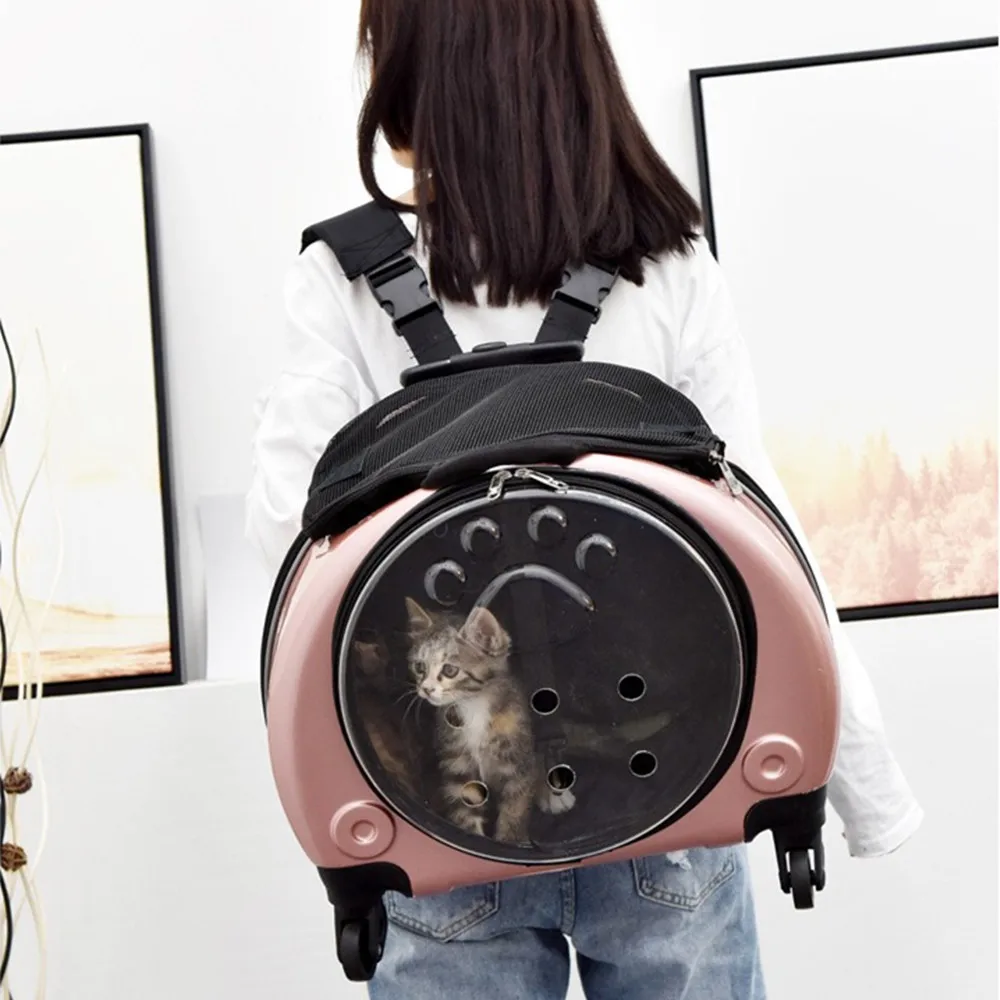 Breathable PC Pet Trolley Case Backpack Cat Dog House Luggage Suitcase Travel Bag Transparent Window Handbag Pets Wheel Stroller