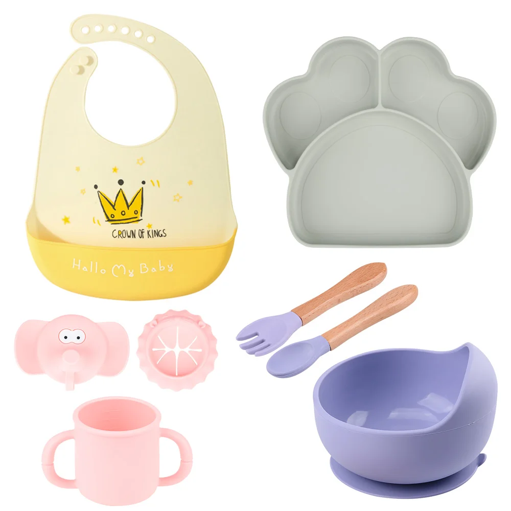 

LOFCA Baby Silicone Cat's Claw Anti-Slip Dinner Plate Soft Bib Square/Round Bowl Plate Cup Spoon Fork Four-piece Set BPA Free