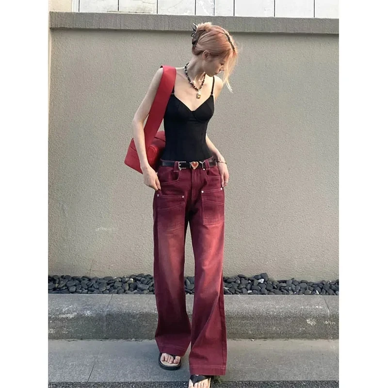 Mingliusili Women'S Red Jeans Autumn New Free Shipping Vintage Red Wash Distressed Straight Jeans Versatile Loose Pants