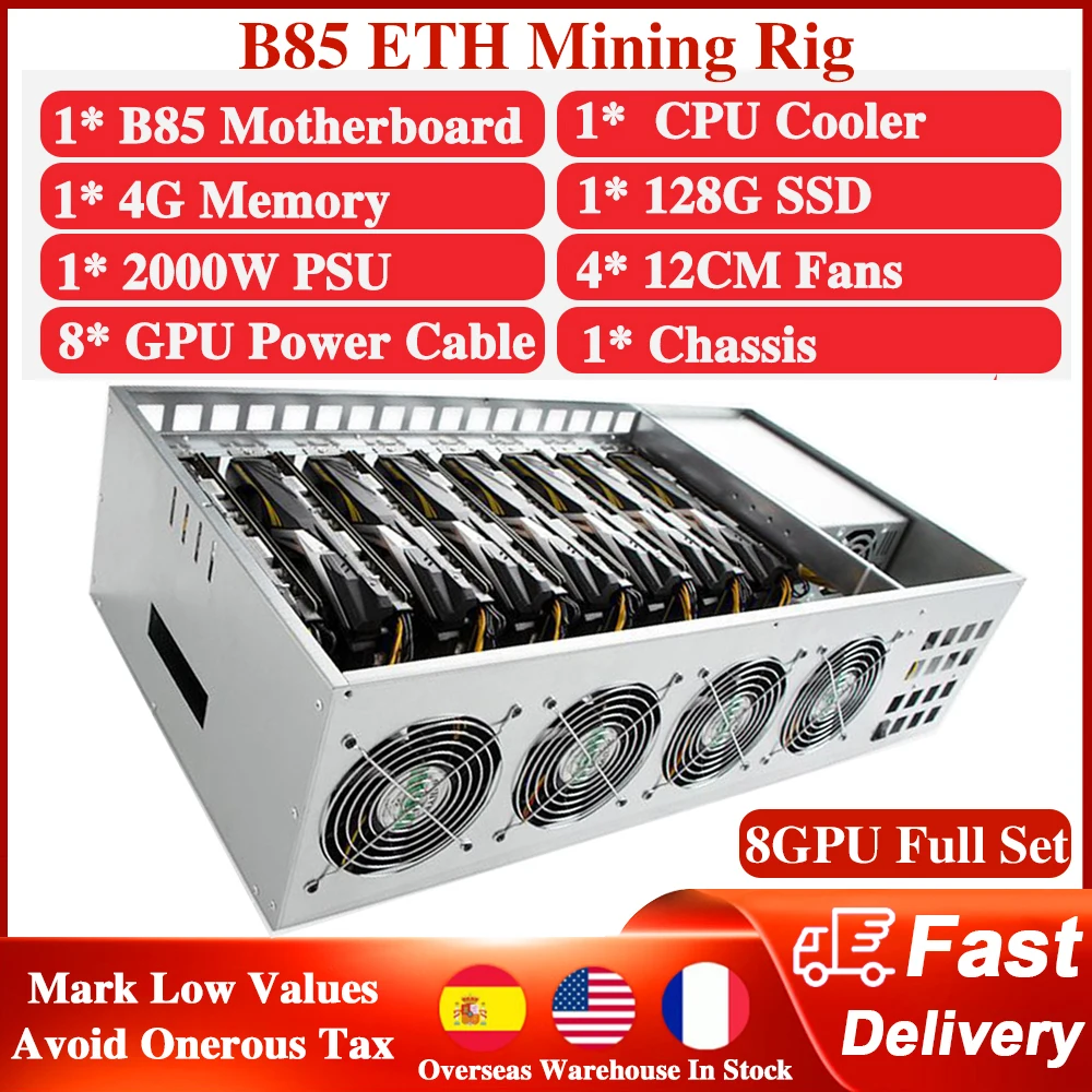 

B85 Motherboard ETH Mining Complete Machine Contains 8 GPU 4G RAM 128G SSD 12cm Fans 2000W Power Supply 4U Chassis BTC Miner Rig