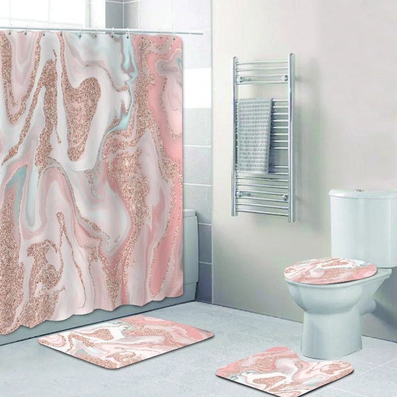 

Girly Rose Gold Glitter Coral Gray Pastel Marble Shower Curtains Bathroom Curtain Set Faux Bath Curtain Mat Rug Toilet Lid Cover
