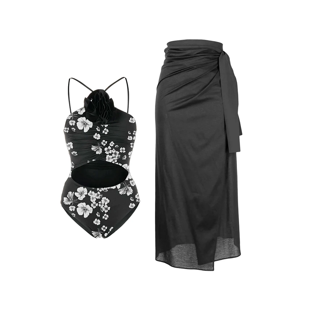 

Floral Print Hollow Out Swimsuit Women 2023 Wrap Tie Plunge Neck Ruffle Split Skirt Mesh Splicing Sarong HIgh Waist BIkini Set