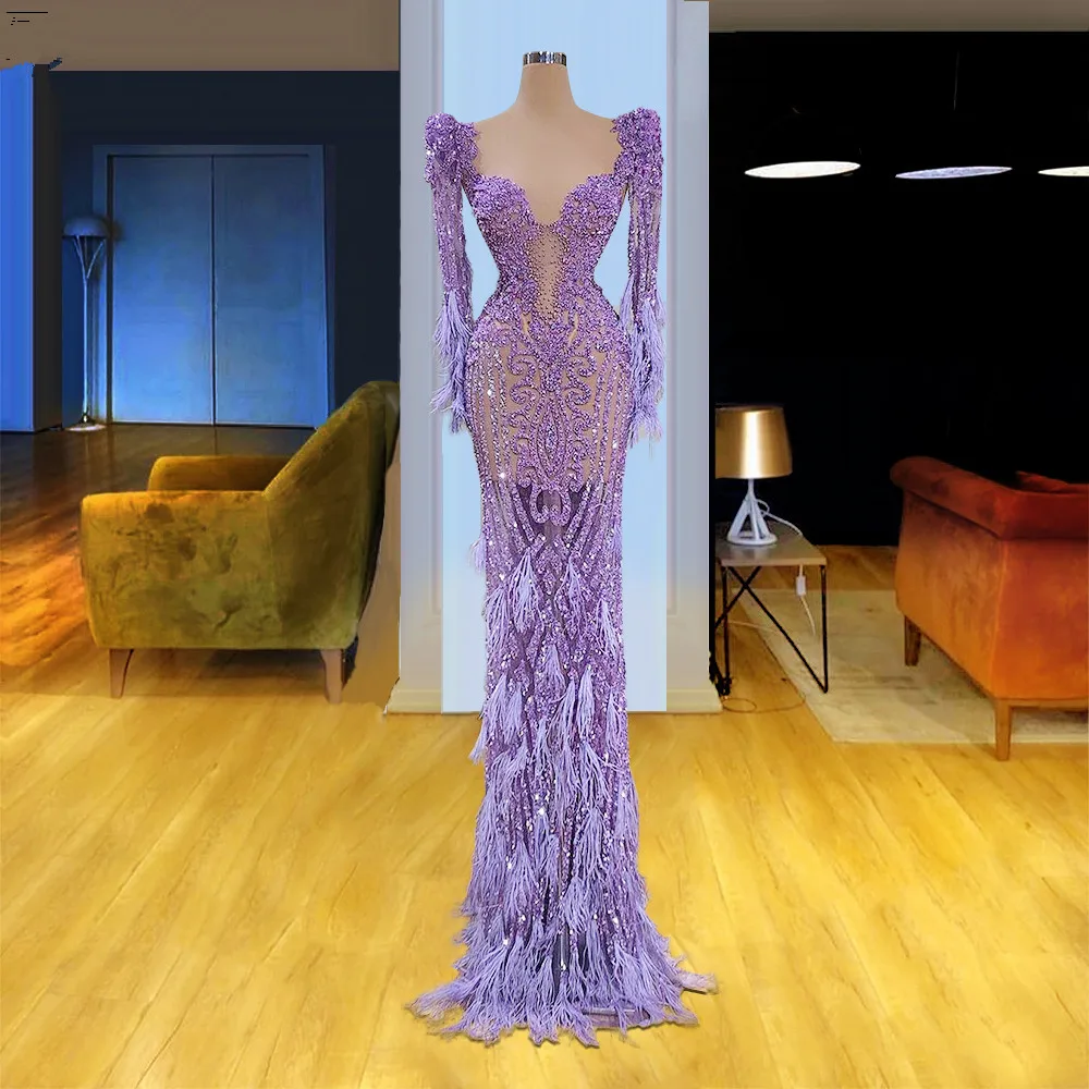 

New Design Light Purple Feathers Evening Dresses See Through Illusion Beading Prom Gowns Custom Made Appliques Party Dresses
