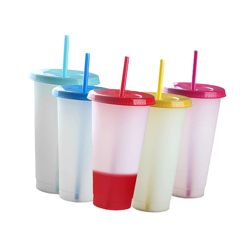 

710ml Straw Cup With Lid With Logo Color Changing Coffee Cup Reusable Cups Plastic Tumbler Matte Finish Plastic Cup 5pcs/set