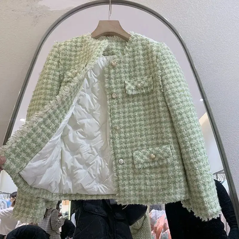 

Короткая теплая куртка с круглым вырезом, Женский текстурированный однобортный Топ с карманами на белом утином пуху, зимний женский элегантный костюм, пальто